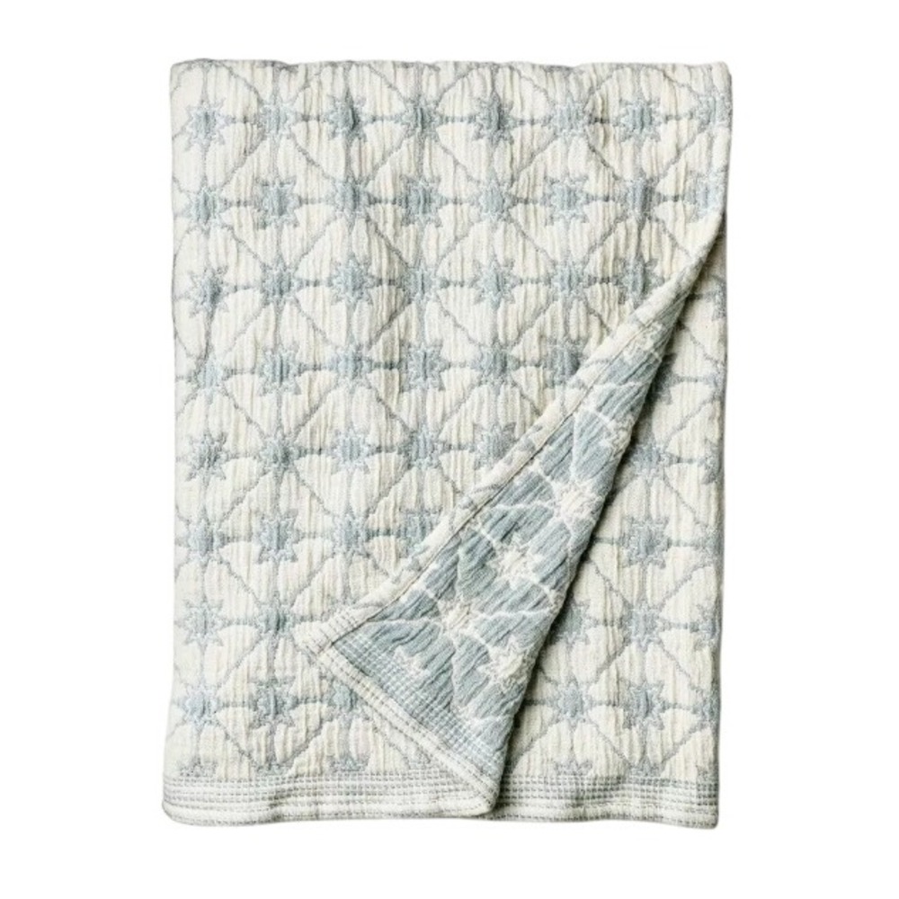 50x60 Cotton Textured Throw Blanket Blue Cream Geometric Star Quilted Reversible